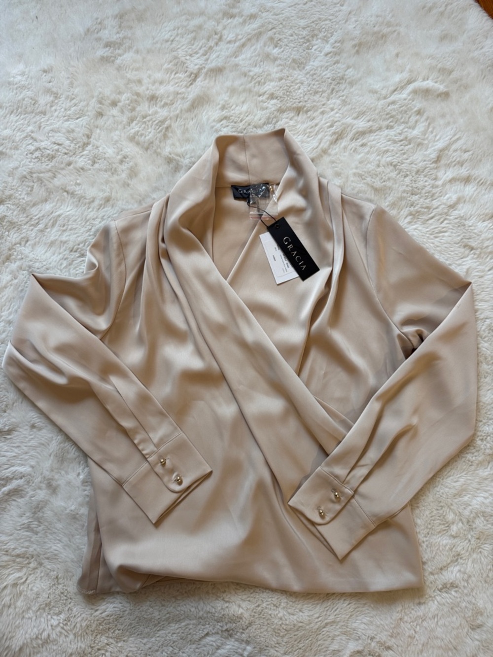 Gracia Satin Wrap Blouse in Beige